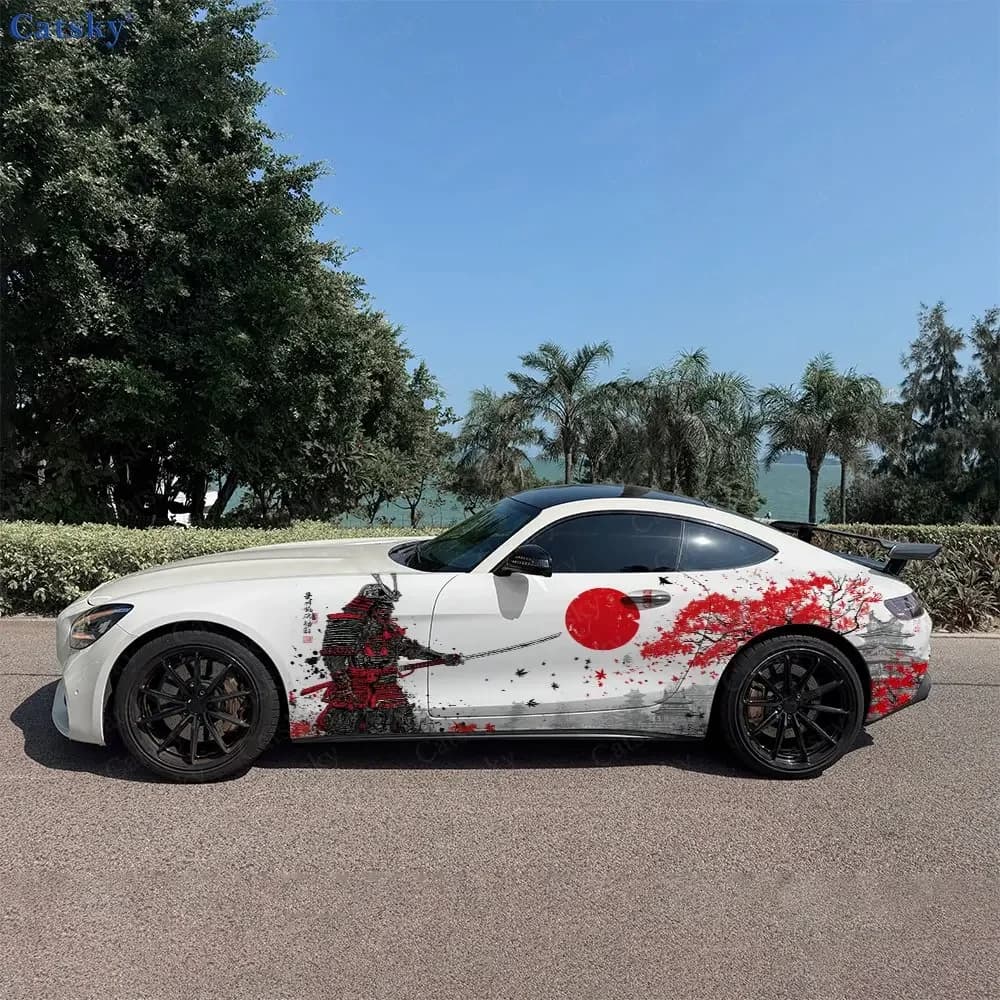 2pcs Watercolor Japanese Samurai Car Side Wraps, Self-Adhesive PVC Waterproof & Scratch-Resistant Stickers, Car Accessory Gift