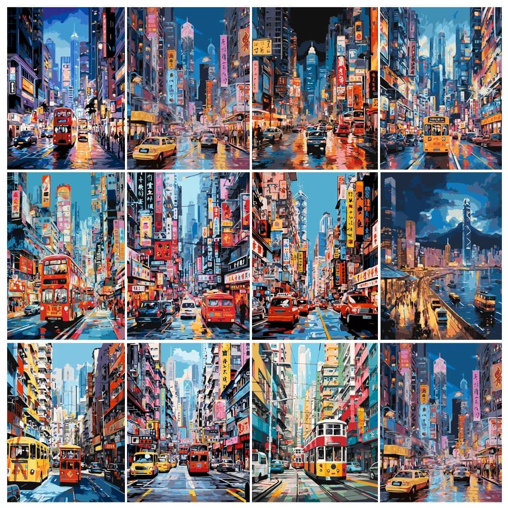 Painting by Numbers Kit Hand Paint Hong Kong City Street Scene Night View DIY Seascape Acrylic Artwork Art Gift Home Decoration