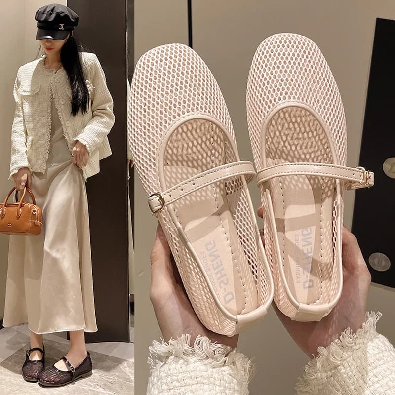 Ballerine estive traspiranti scavate Scarpe Mary Jane da donna Sandali con fondo piatto con nodo a farfalla Rete da pesca Scarpe singole