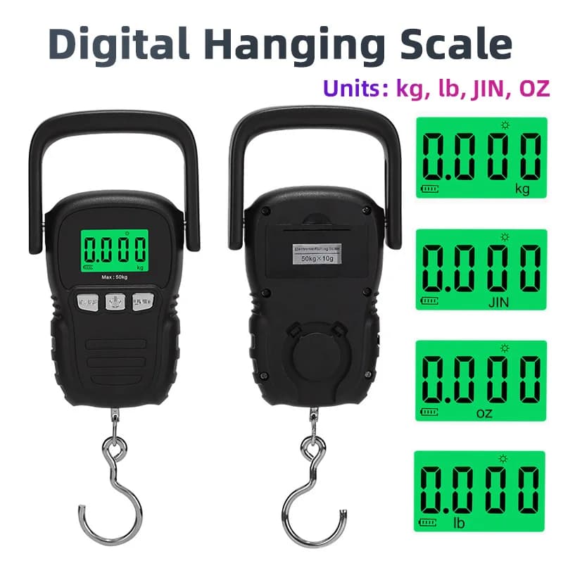 Bilancia elettronica per appendere bagagli da 110 libbre/50 kg Bilancia digitale portatile Batteria/Ricarica USB Bilancia da pesca LCD