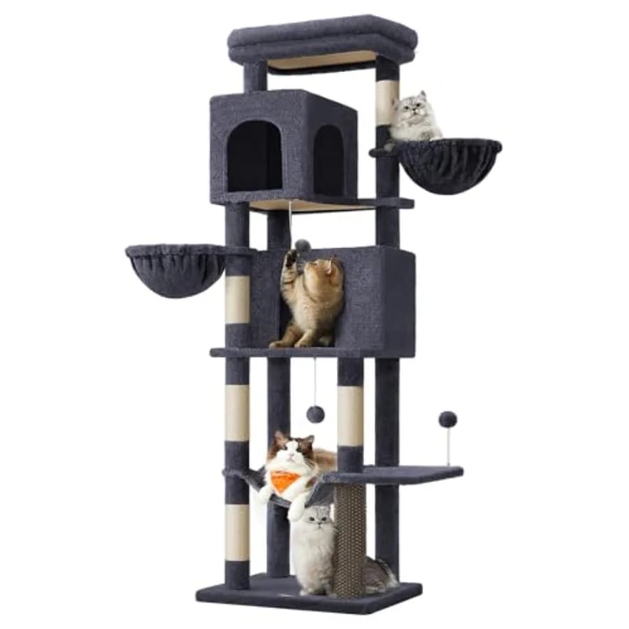 Albero per gatti alto 69 pollici con peluche grigio scuro, cuccia multilivello, 2 grotte, 2 cesti, 5 posti per grattare, lettino auto-pulente e amaca