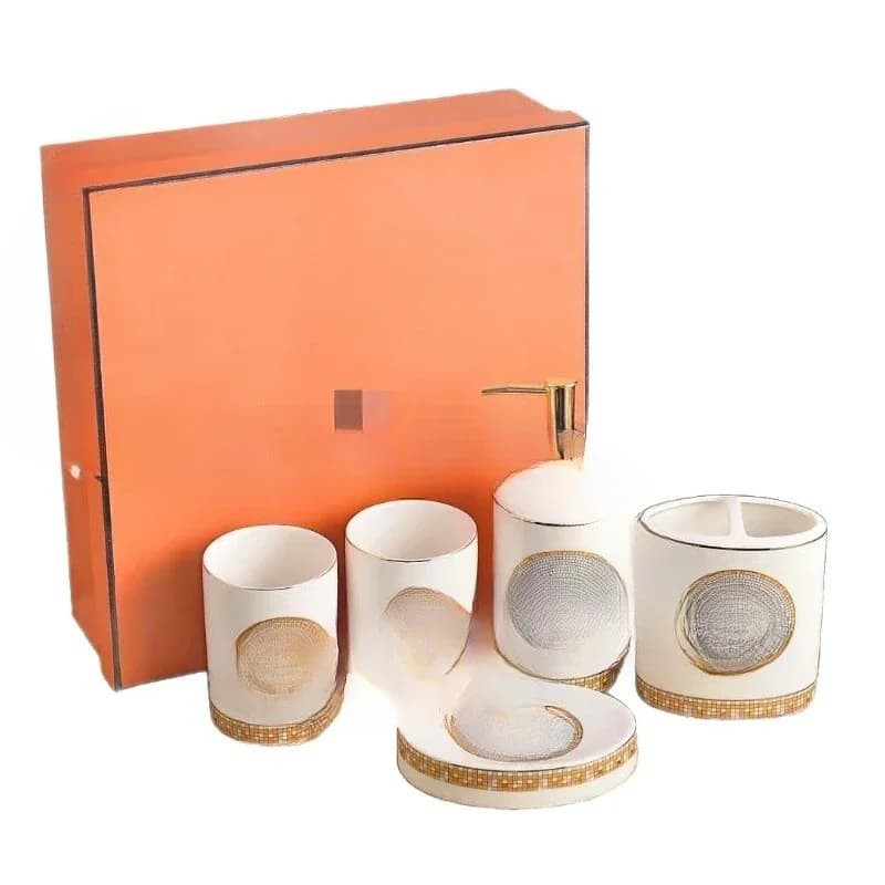 Set da bagno in ceramica, set da cinque pezzi, confezione secondaria, portasapone per disinfettante per le mani, portaspazzolino da denti