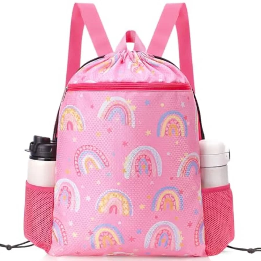 Borsa da nuoto impermeabile con coulisse per ragazze e ragazzi, zaino grande con tracolla larga regolabile e tasca