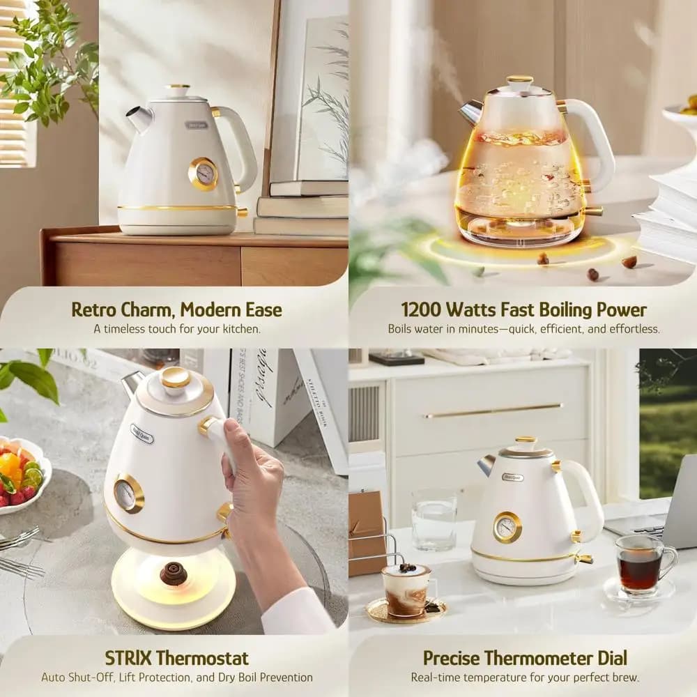 1.7 liters stainless steel electric kettle, rapid boiling, thermometer, 1200 W, without BPA, wireless, automatic shutdown, pearl white