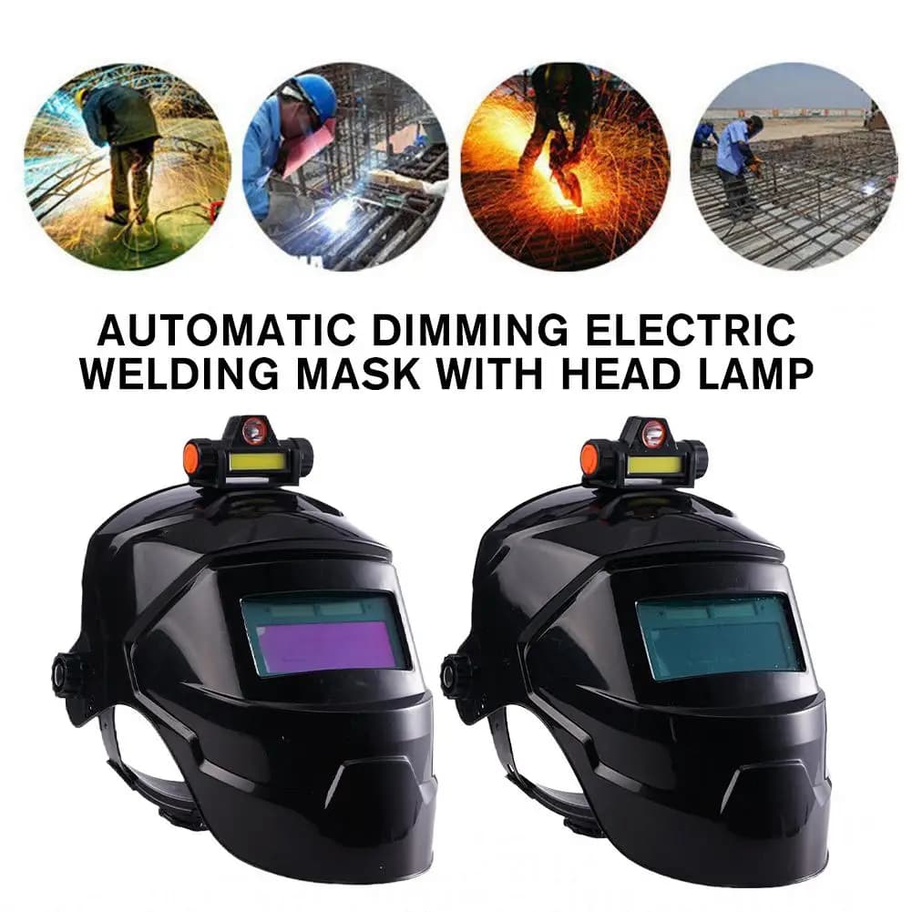 Electric welding mask with automatic obscuring and front lamp, wide adjustable viewing area, 1 piece