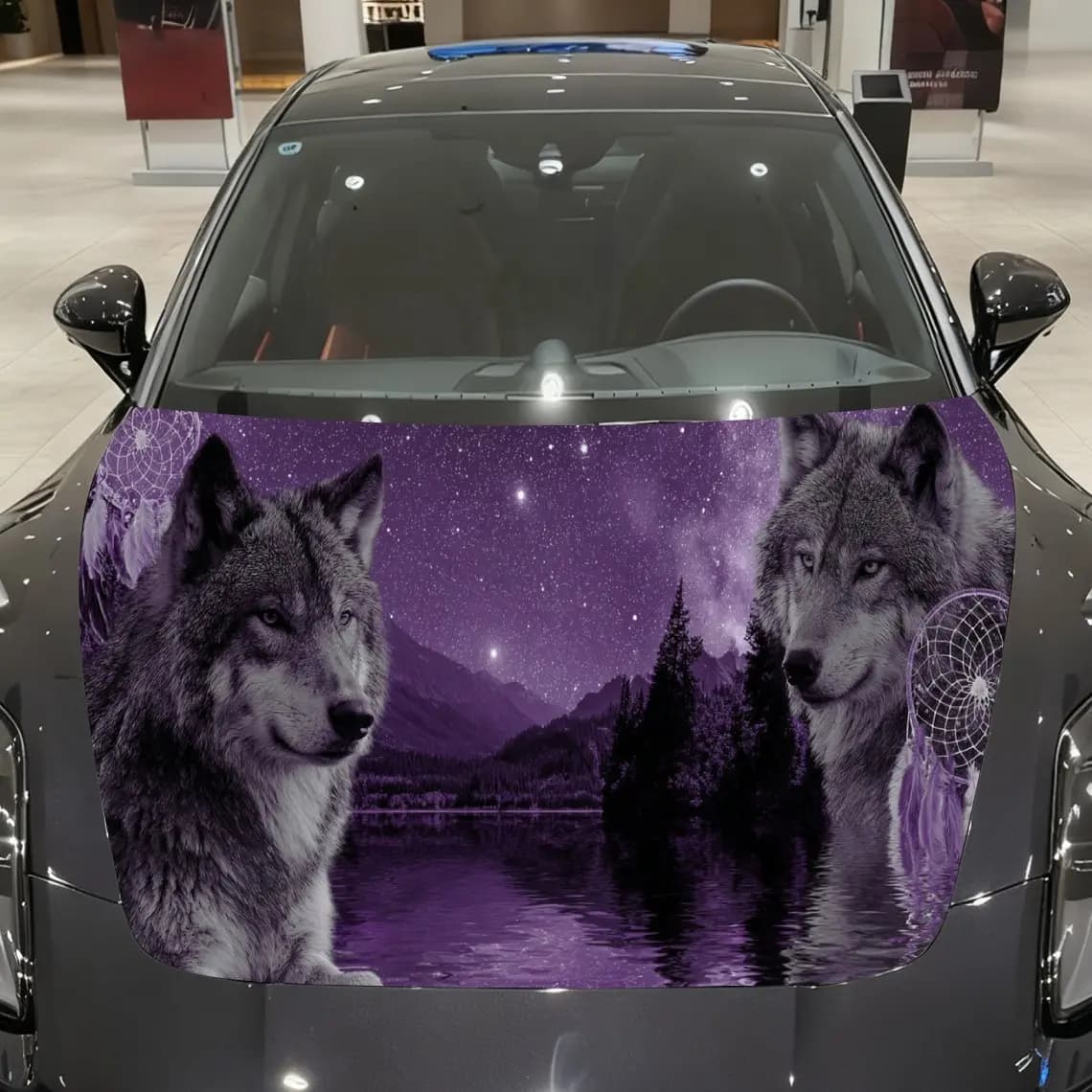 Galactic Cosmic Dreamcatcher Wolf Pair Car Cover Sticker, Auto Hood Decal, Car Exterior Scratch Resistant Decal, Trendy Gift for