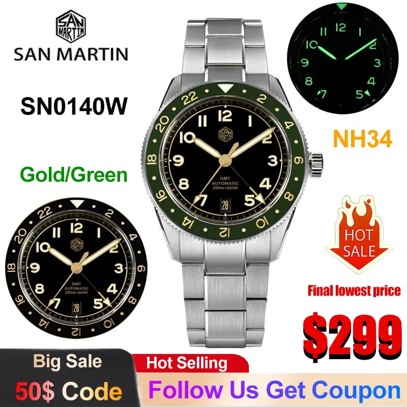 San Martin SN0140W Mechanical Watch 38mm Bubble Sapphire GMT NH34 Automatic Movement BGW9 C3 Luminous 20Bar Men Luxury Watch