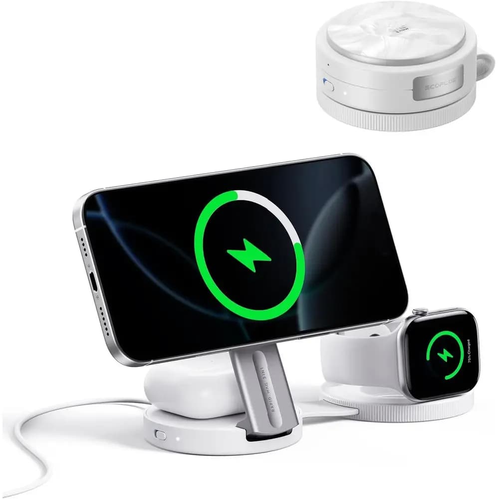 Stazione di Ricarica Wireless Magnetica 3-in-1 Qi2.2 25W per iPhone 17/16/15, Watch e AirPods con Adattatore da Viaggio 45W, Bianco