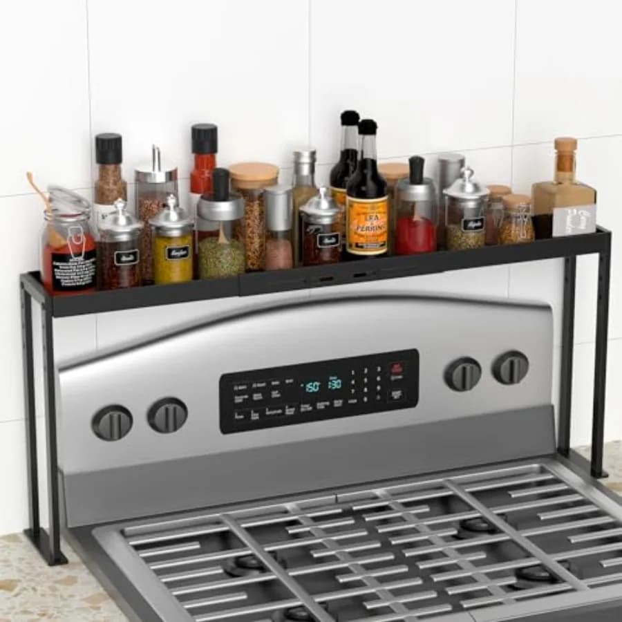 Scaffale Portaspezie per Cucina, Regolabile da 27 a 33 Pollici, Organizzatore per Spezie a 4 Livelli con Altezza Regolabile per Piano Cottura