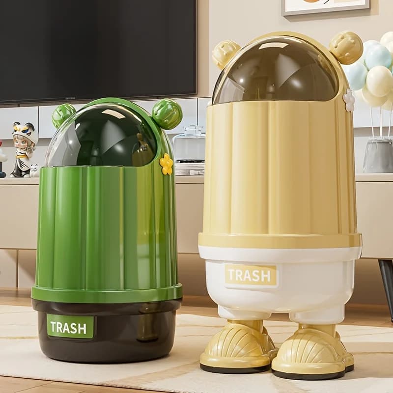 Trash Can with Cute Ears Locking Lid Heavy-Duty Plastic Modern Waste Bin Kitchen Bathroom Accessories Home Decoration