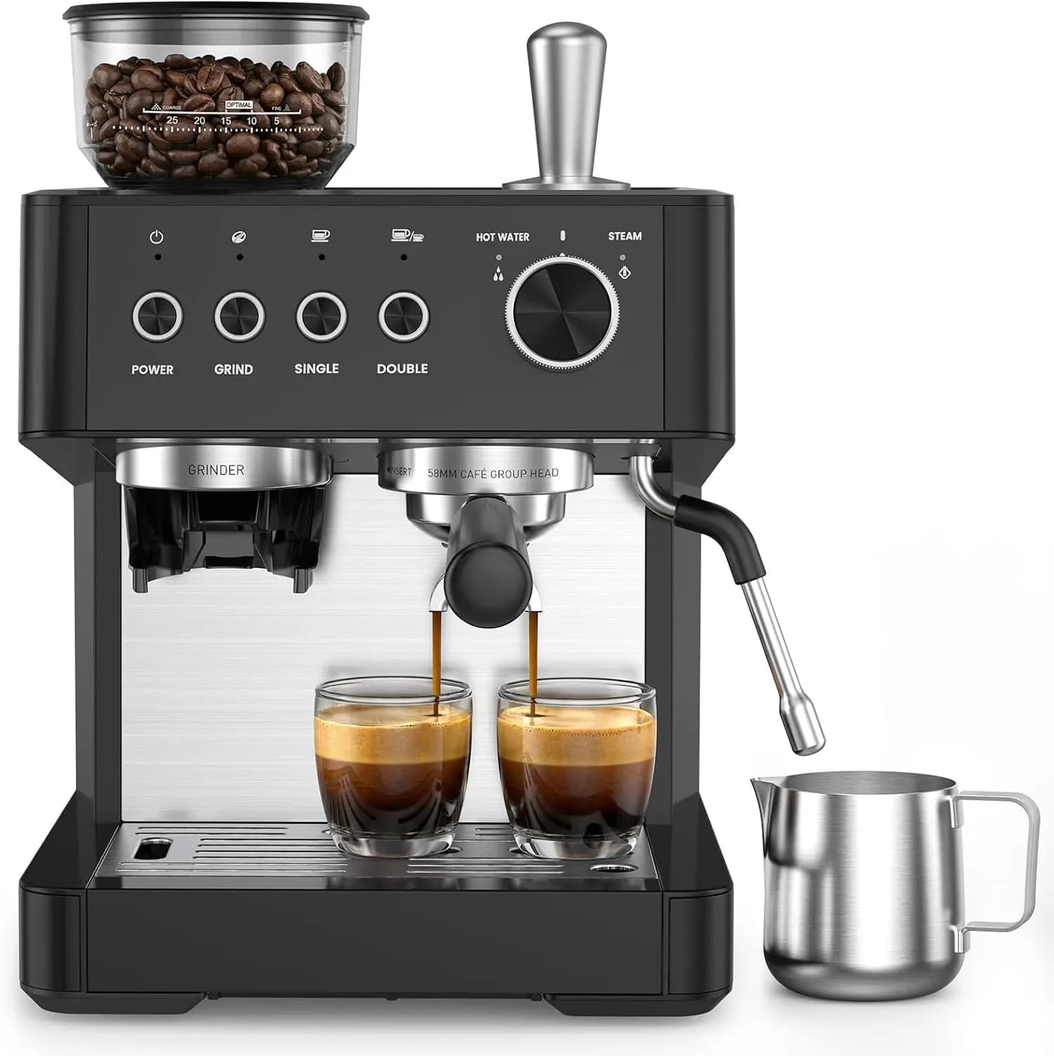 Macchina per Espresso Aggiornata con Macinacaffè Integrato e Montalatte, Pressione di 20 Bar per Cappuccino e Latte Perfetti a Casa