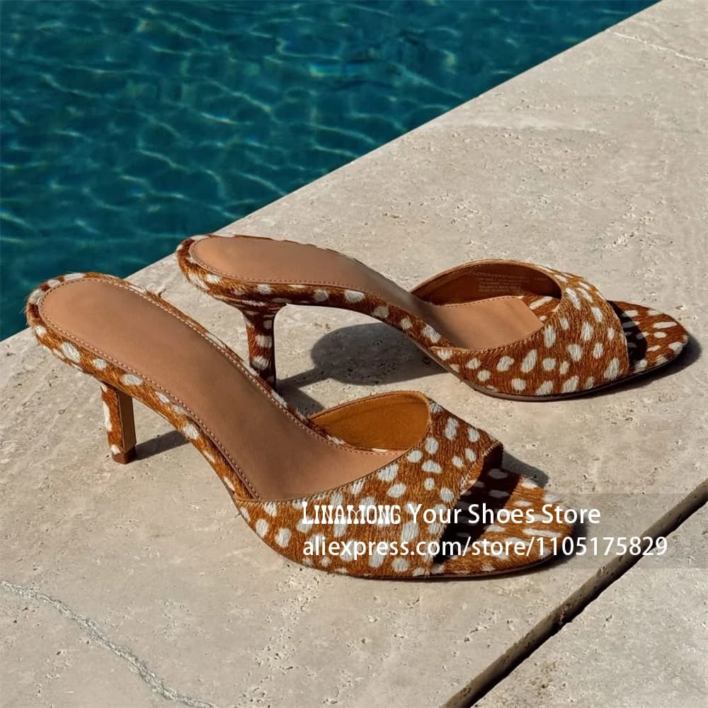 Animal Print One-Strap Mules Faux Ponyhari Stiletto Slippers Vintage Style Slip on Beach Summer Shoes for Women Handmade Heels