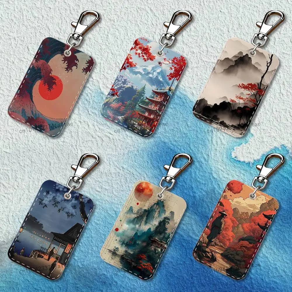 Portacarte Rettangolare in Pelle Stile Pittura Giapponese con Portachiavi e Anello Portachiavi per Tessere di Trasporto