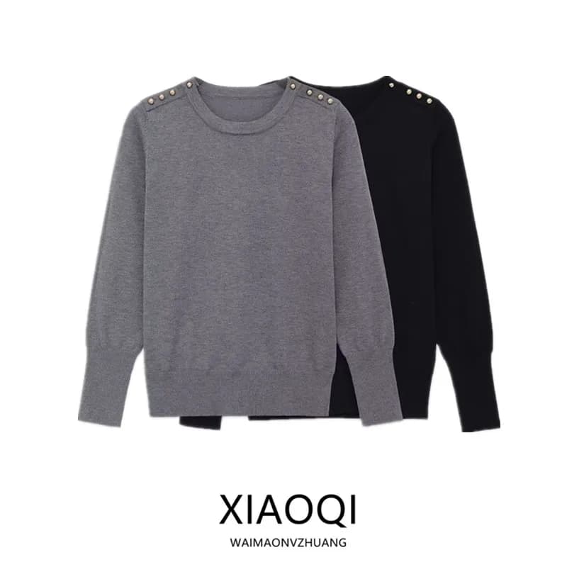 2025 Inverno delle nuove donne maglione lavorato a maglia lungo Sve rotondo Ne piatto ago pulsante decorato maglieria lunghezza regolare casual Sle