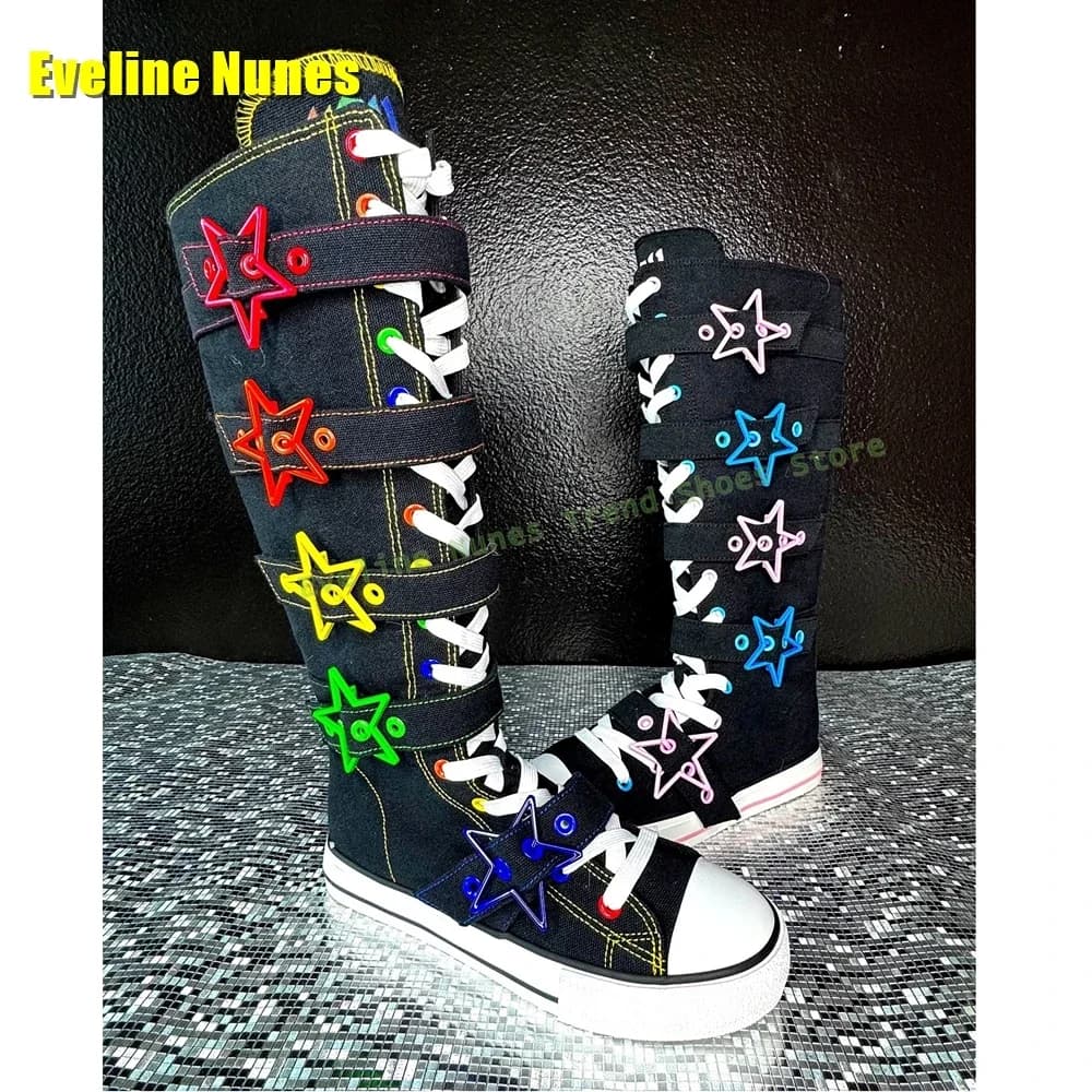 Heart Shaped Buckle Platform Boots Round Toe Wedges Lace Up Mixed Colors Y2K Fashion Knee High Boots Subculture Style 2025 Trend