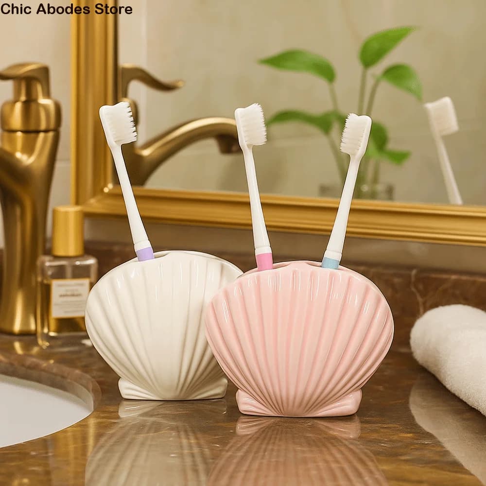 Organizzazione WC Portaspazzolino a forma di conchiglia 3D Sedile per spazzolino in ceramica per cartoni animati Portaspazzolino decorativo Uso domestico