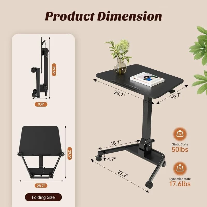Scrivania mobile pieghevole, scrivania con supporto girevole regolabile in altezza pneumatica, 90 ° Carrello portatile inclinabile su ruote