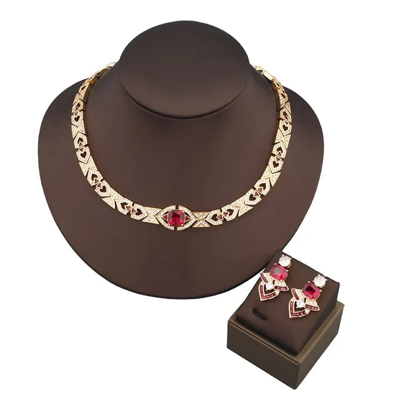 Designer Collection Style Stud Earrings Necklace Women Lady Inlay Red Cubic Zircon Plated Gold Color Choker Chain Jewelry Sets