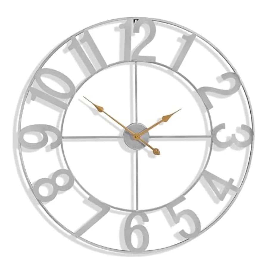 Grande orologio da parete per l'arredamento del soggiorno - Orologio analogico in metallo da 32 pollici in argento - Decorazione da parete per cucina, camera da letto, ufficio con movimento silenzioso