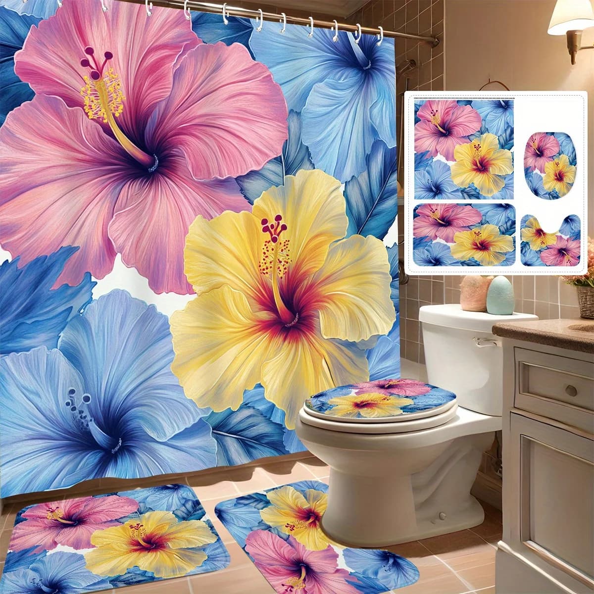 Set tenda da doccia 4 pezzi, bellissimi fiori tropicali, arredamento moderno per il bagno, include 12 ganci, tappetino da bagno antiscivolo, a forma di U