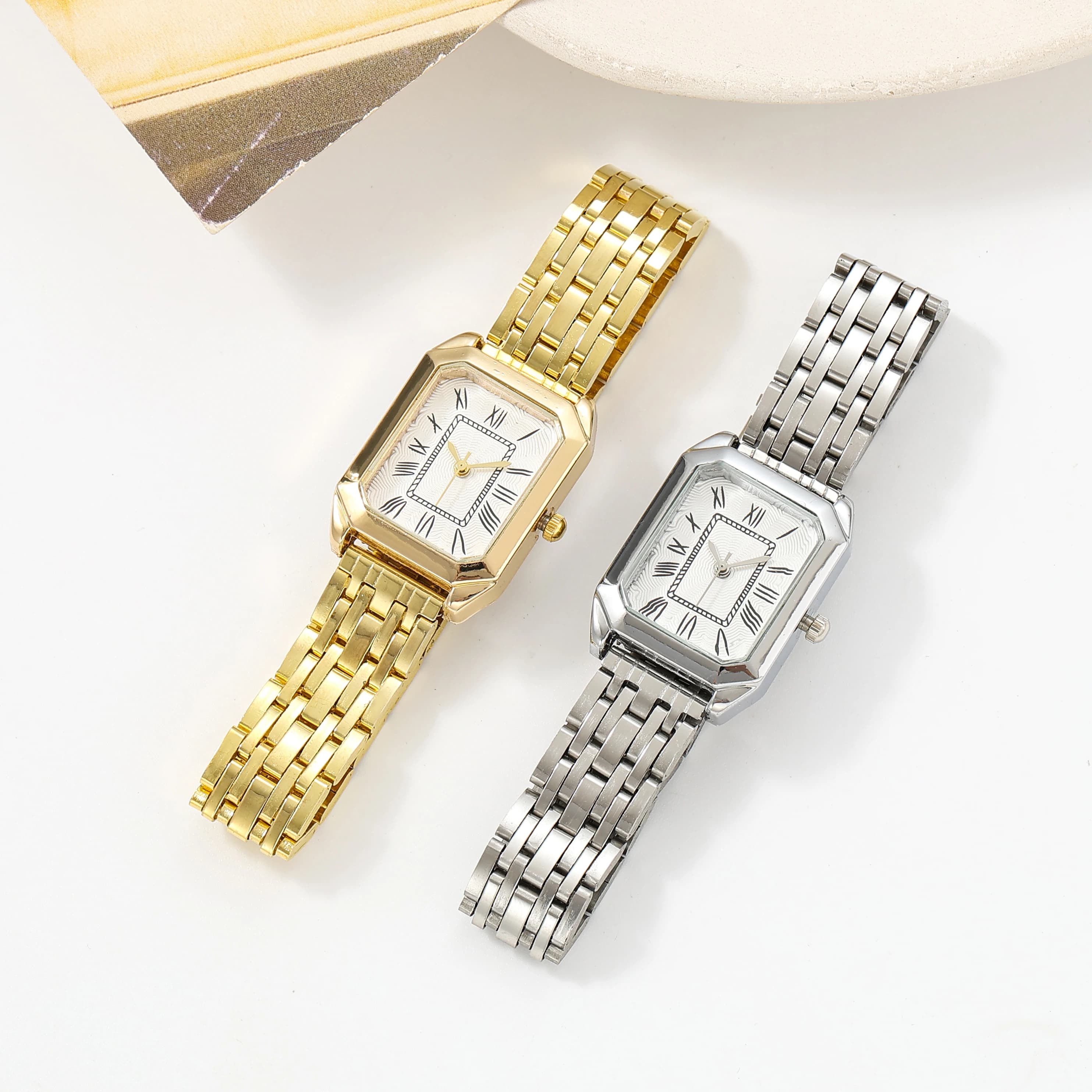 Orologio da Donna Elegante, alla Moda, Semplice con Quadrante a Numeri Romani, Cinturino in Acciaio Rettangolare, Movimento al Quarzo, per il Commercio Transfrontaliero