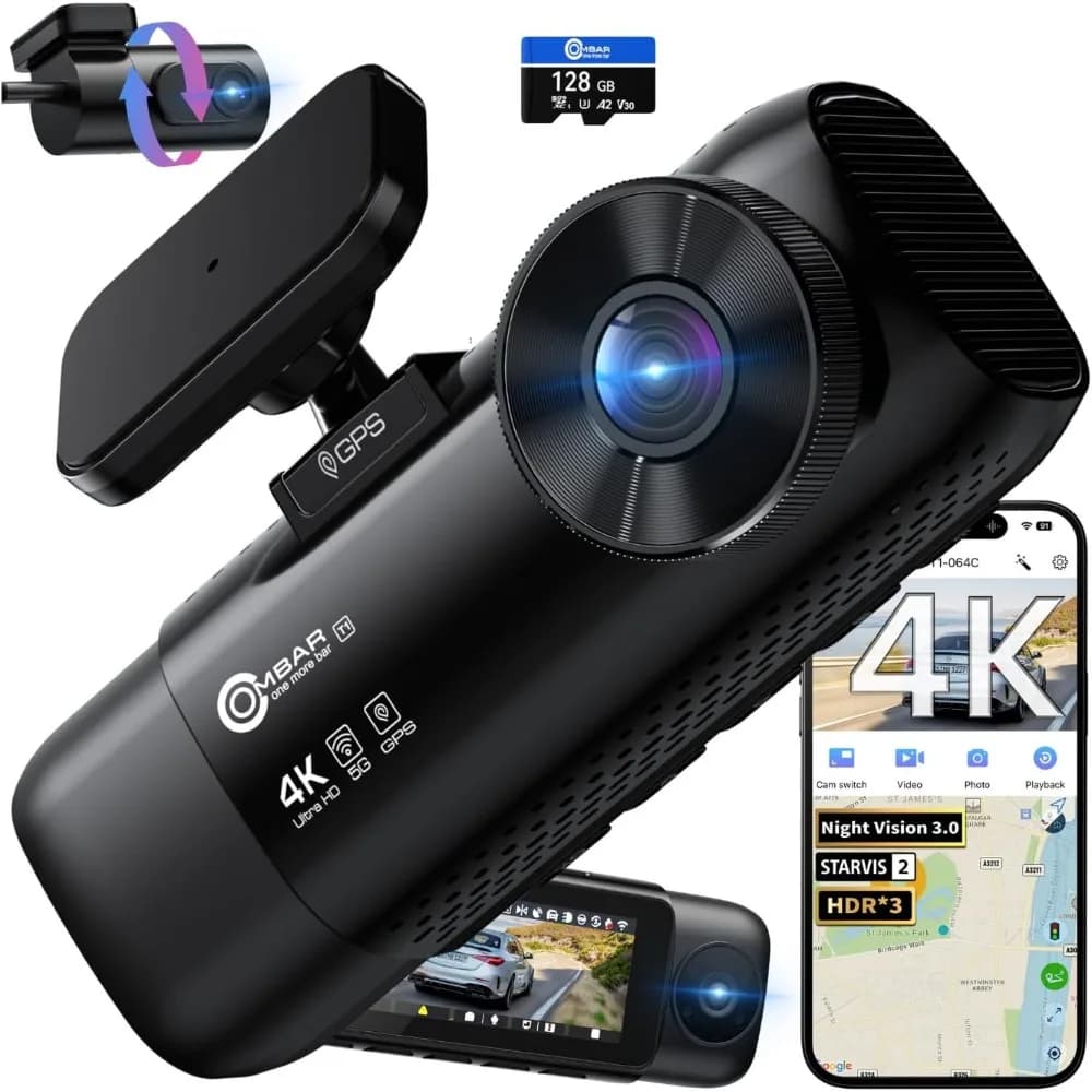 Dash Cam OMBAR T1 4K a 3 canali, sensori STARVIS 2 IMX678, scheda da 128 GB gratuita, nuova visione notturna HDR a colori 2025, 4K+1080P+1080P
