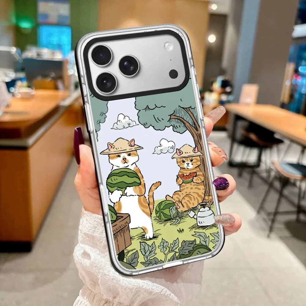 Cartoon Picking Cat Acrylic White Border Magnetic Cover for IPhone 12 13 14 15 16 17 Pro Max Case for IPhone 17 Air
