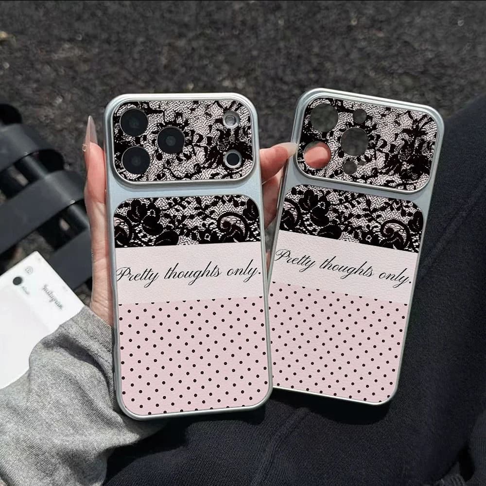 Black Lace Pink Polka Dot Leather Texture Phone Case For iPhone 17 Pro Max 17Air 17E 16E 15 16 14 Pro 13 12 11 XS XR X 7 8 Cover