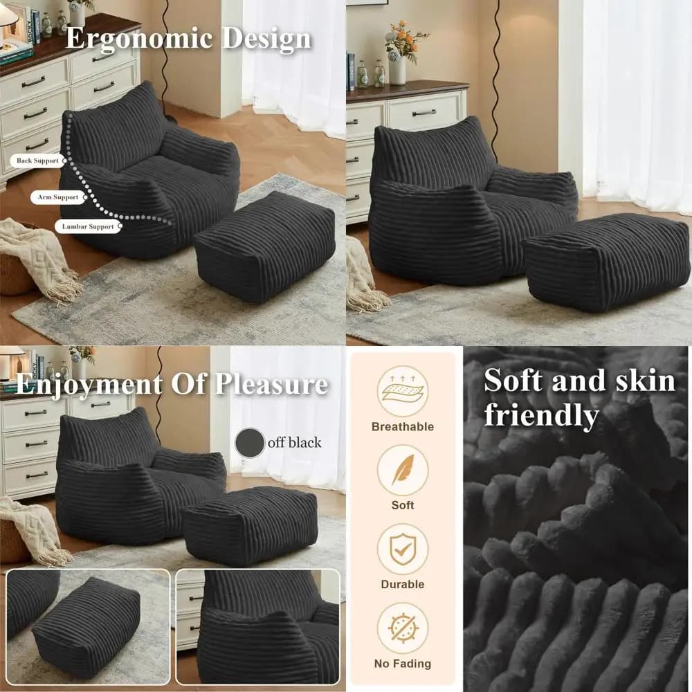 Poltrona Sacco Gigante in Peluche con Braccioli, Sedia da Lettura con Poggiapiedi, Sacco Sedia Nero, Comoda Poltrona Reclinabile per Lettura e Gaming, Relax