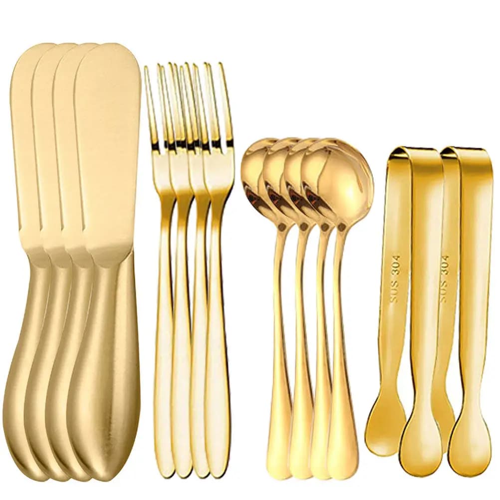 Set of cheese knives, stainless steel blades, polished handles, essential kitchen accessories, butter spreader knives, dessert fork