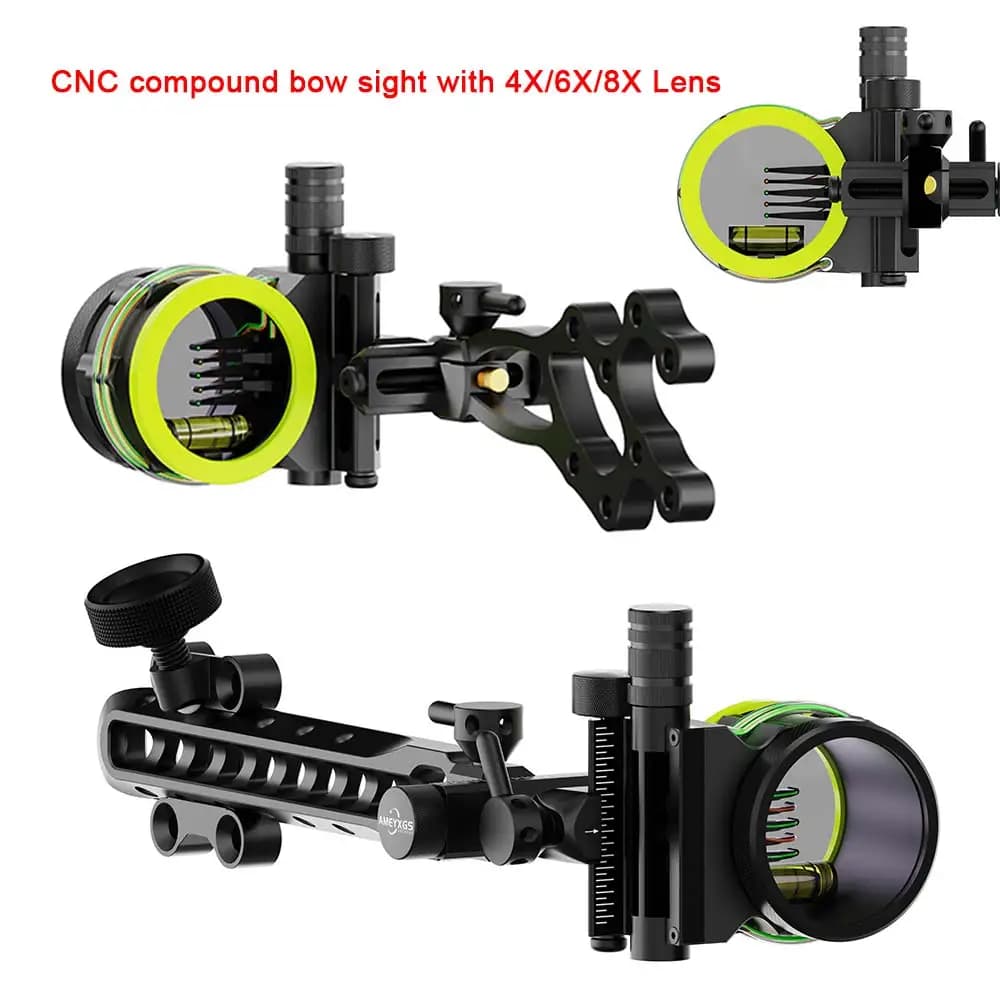 Mirino per Arco Compound AMES2 1 pz, 5 Perni, Lenti 4X 6X 8X, Regolabile CNC per Tiro con l'Arco a Destra/Sinistra, Caccia e Tiro al Bersaglio
