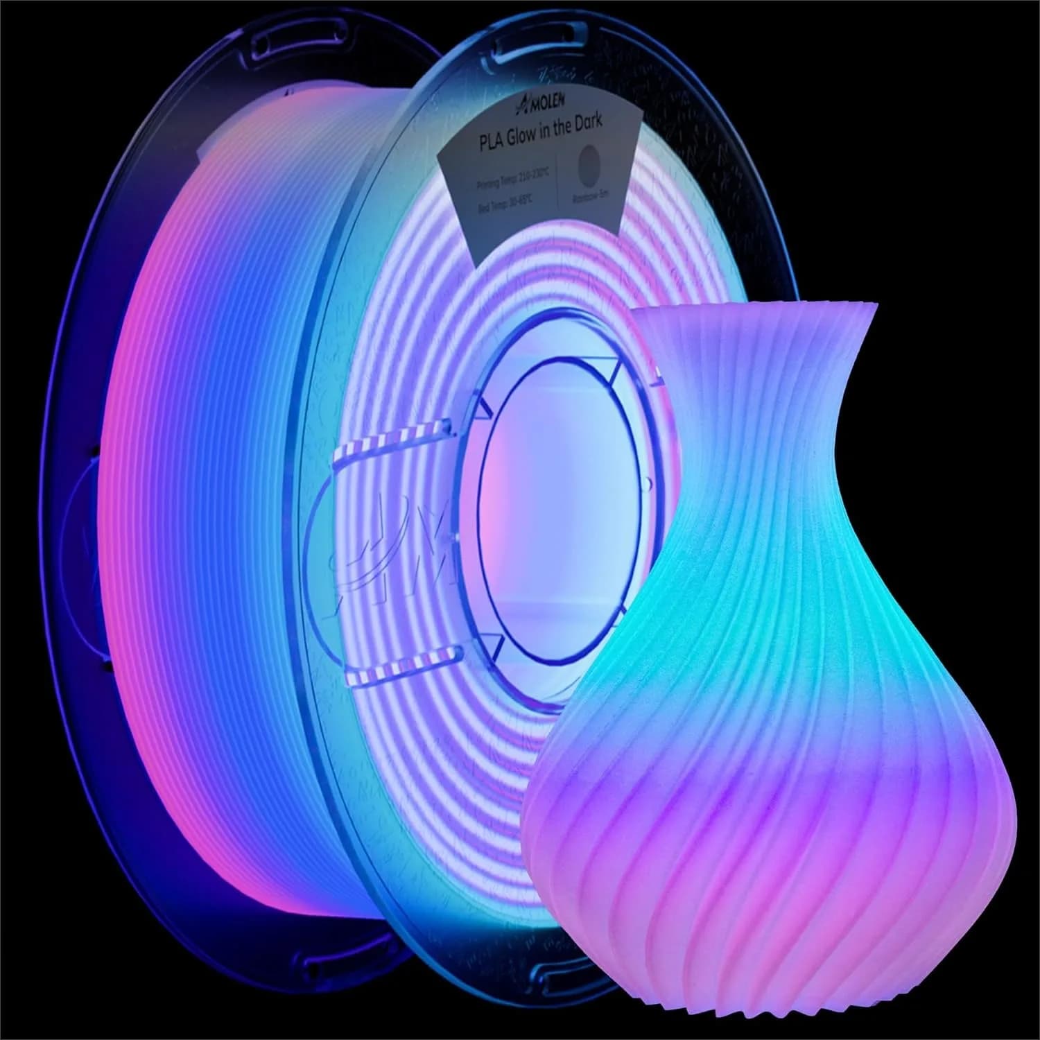Filamento PLA per Stampante 3D Fluorescente Arcobaleno, Blu/Verde/Viola Cangiante, 1.75mm ±0.02mm, Bobina da 1kg per Stampa Fluida