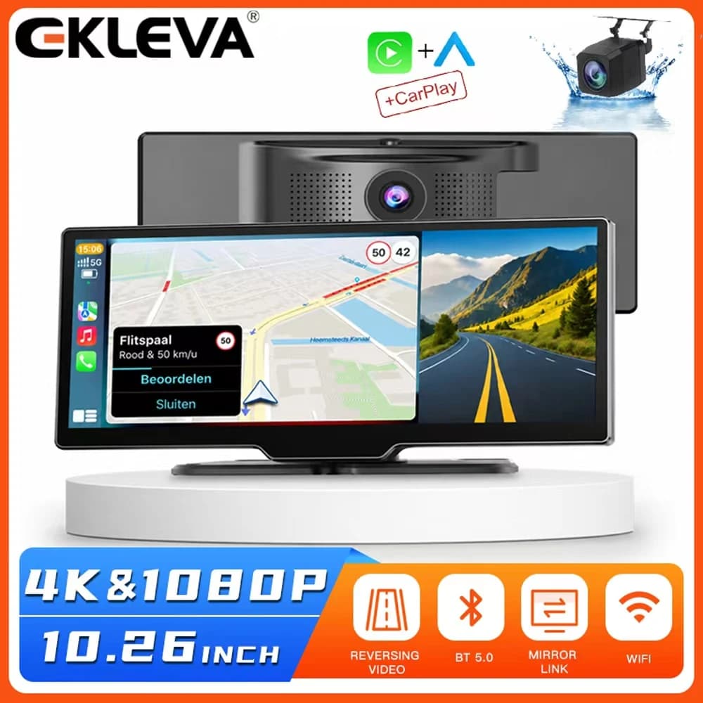 EKLEVA 10.26 "4K Dual Dash Cam Frontale All'interno IR Visione Notturna 24H Parcheggio Monitor Auto DVR WiFi BT CarPlay G-Sensor Registrazione in Loop