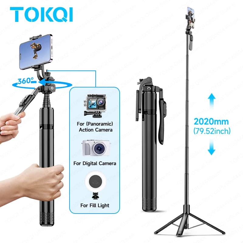 TOKQI C08 Treppiede Grande Estensibile 200cm per Smartphone, Riprese Video, Attacco a Vite 1/4 per Action Camera, Luce di Riempimento