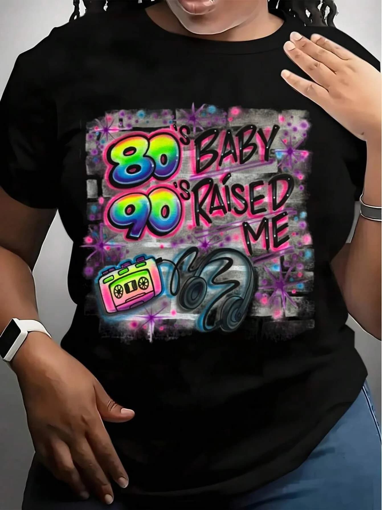 Women's T-Shirt 180g with 80S 90S Raised Me Retro Pop Art Print, Neon Colors and Cassette Tape Design, Perfect for 90S Themed Parties and Casual Wear