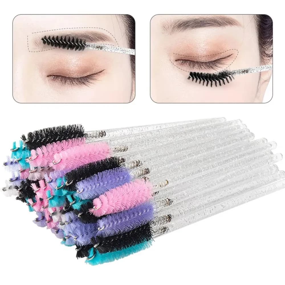 Disposable Mascara applicators with Crystals, Glittered Colored Baquets for Extension Eyelashes, Microbrush Elastics for Eyebrows