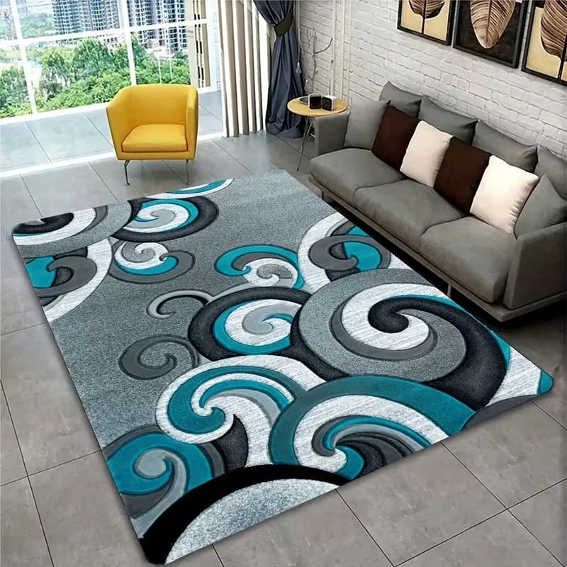 2D Spiral Carpet Abstract with Black Lines Blue Silver, Modern Decoration for Living Room, Psychedelic Mat for Interior and Exterior