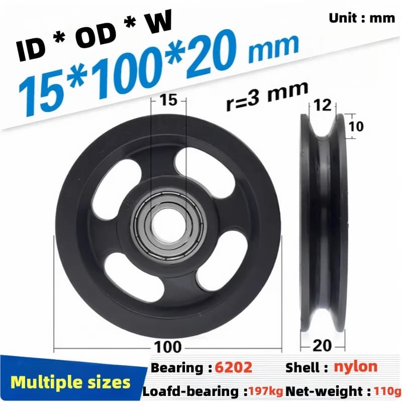 4 Pz 10-15x100x20mm puleggia 6202 albero contrattimento ruota in nylon di plastica 10 cm fune metallica di acciaio rotolante ruota guida con scanalatura a U