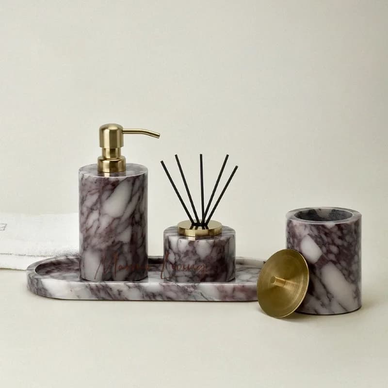 Calacatta Viola Viola Set di accessori da bagno in marmo naturale Dispenser di sapone di lusso Tamponi di cotone Vassoio per barattolo Set da bagno