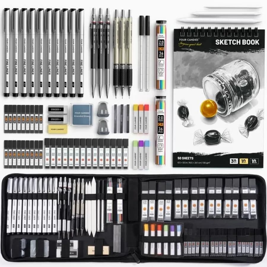 PCS Advanced Art Supplies Drawing Kit with Fineliner Pens, Mechanical Pencils, 3-Color Sketchbook, Charcoal Sticks, Pastels for