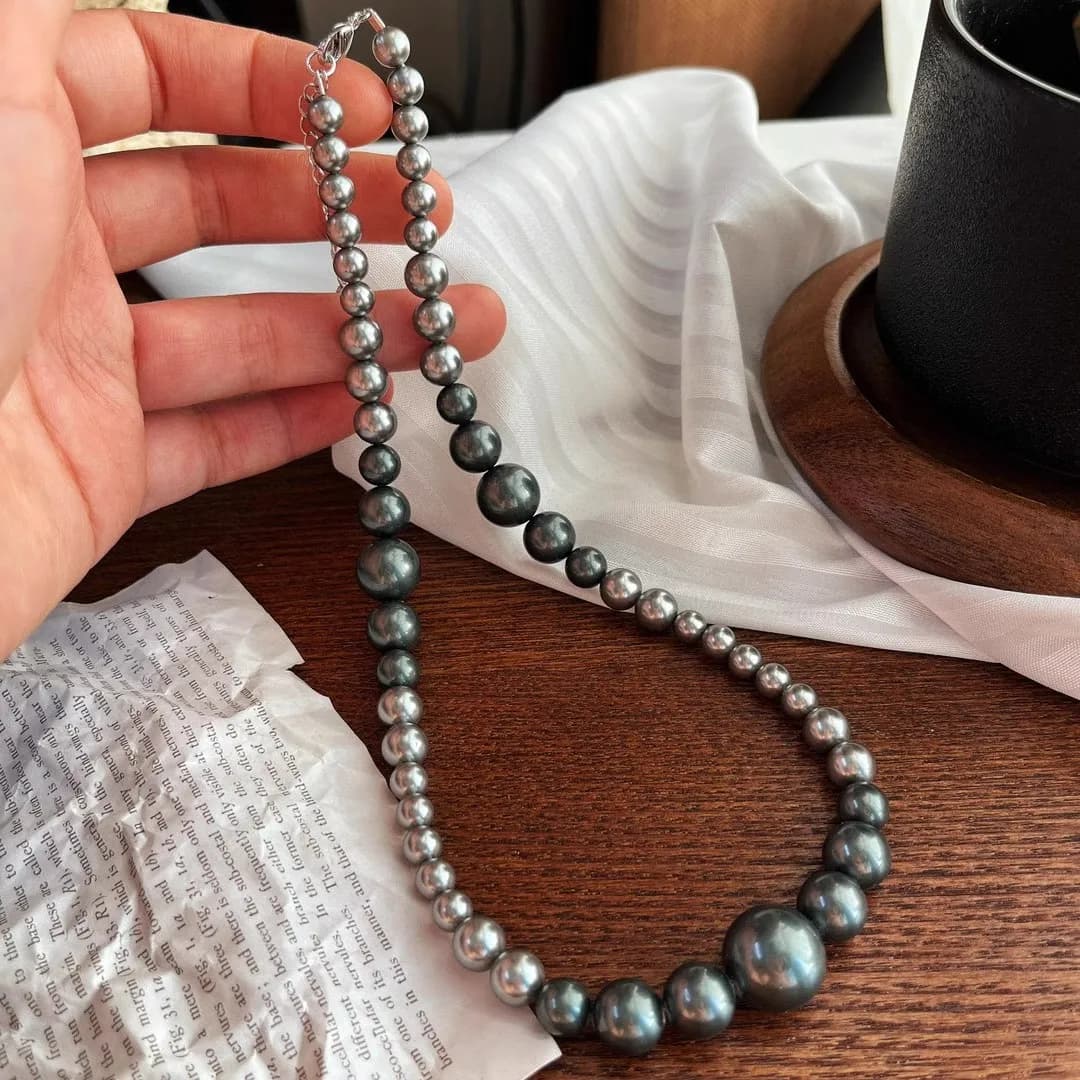 Shell Faux Pearl Choker Necklace, Platinum Grey Tahitian Style Black Faux Pearl Strand, Sophisticated Layering Chain for Women