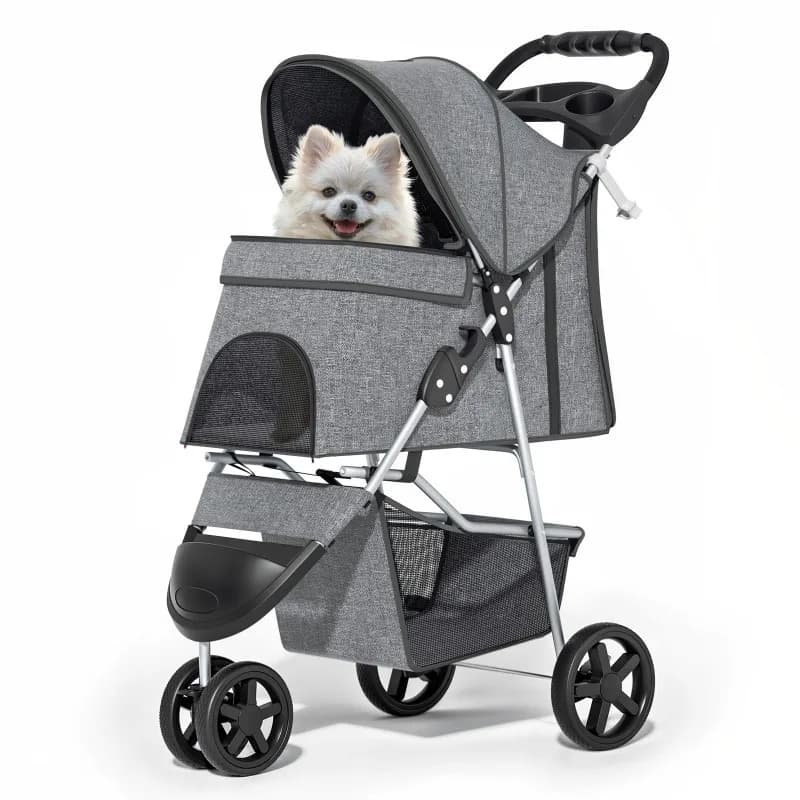 Passeggino per Animali a 3 Ruote, Carrozzina Pieghevole per Cani e Gatti, con Cestino Portaoggetti e Portabicchieri, Rete Traspirante e Visibile, Grigio
