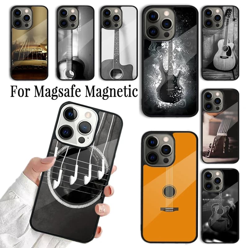 Custodia Classica in Legno per Chitarra per iPhone 17 AIR 16 15 14 13 12 11 Pro Max Plus, Cover Magnetica Wireless Magsafe