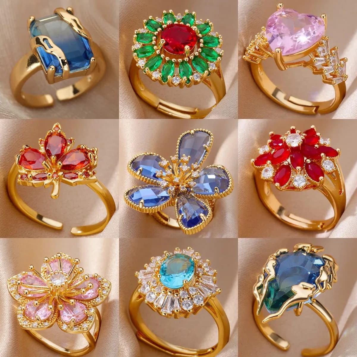 Luxury gold plated stainless steel rings with colored stones, zircons and heart-shaped crystals for women, boho wedding jewelry, Christmas gift