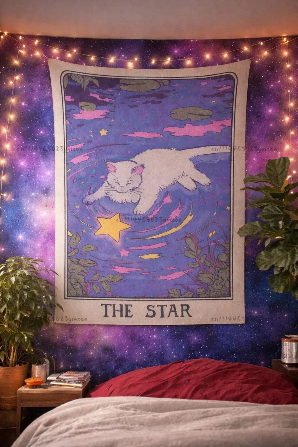 Tapestry con Gatto Carino e Stella, Divertente Tapestry con Carte dei Tarocchi, Decorazione Murale Estetica e Mistica, Bandiere Mandala Hippie Bohemien, Arredamento per la Casa