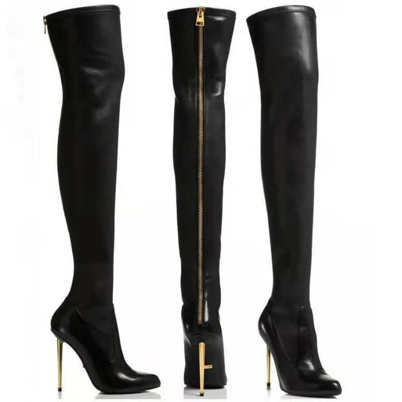 Stivali da Donna con Tacco a Spillo Sexy Taglie Forti Sopra il Ginocchio con Cerniera Posteriore in Metallo Stivali Lunghi a Punta per Feste Scarpe da Donna