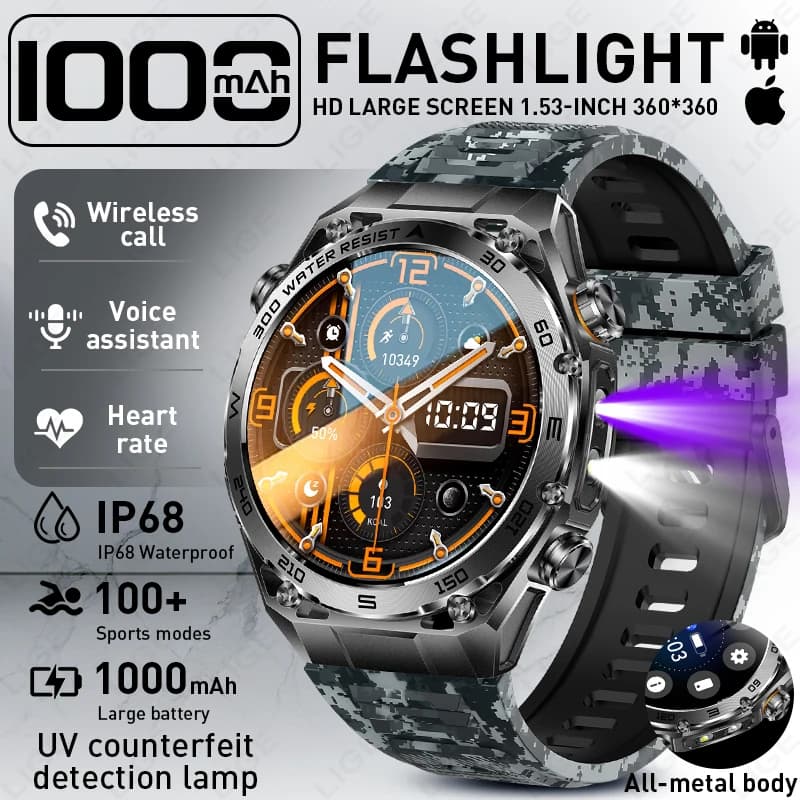 LIGE LED Smart Watch 1000 mAh 1.53 Schermo Bluetooth Chiamata Assistente vocale Orologio Sport Fitness IP68 Smartwatch impermeabile per uomo