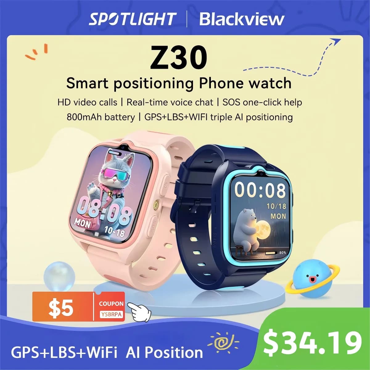 Blackview Z30 Smart Watch per bambini Orologio da telefono per bambini, LBS+WiFi+GPS Posizionamento triplo AI, Videochiamata 4G, Orologio da telefono Smartwatch