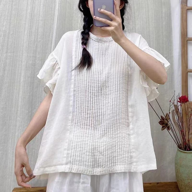Johnature New Vintage Ramie Ruffles Sleeve Allentato Sottile Donna Top Camicie 2025 Estate Tinta unita Bottone pieghettato Camicette casual