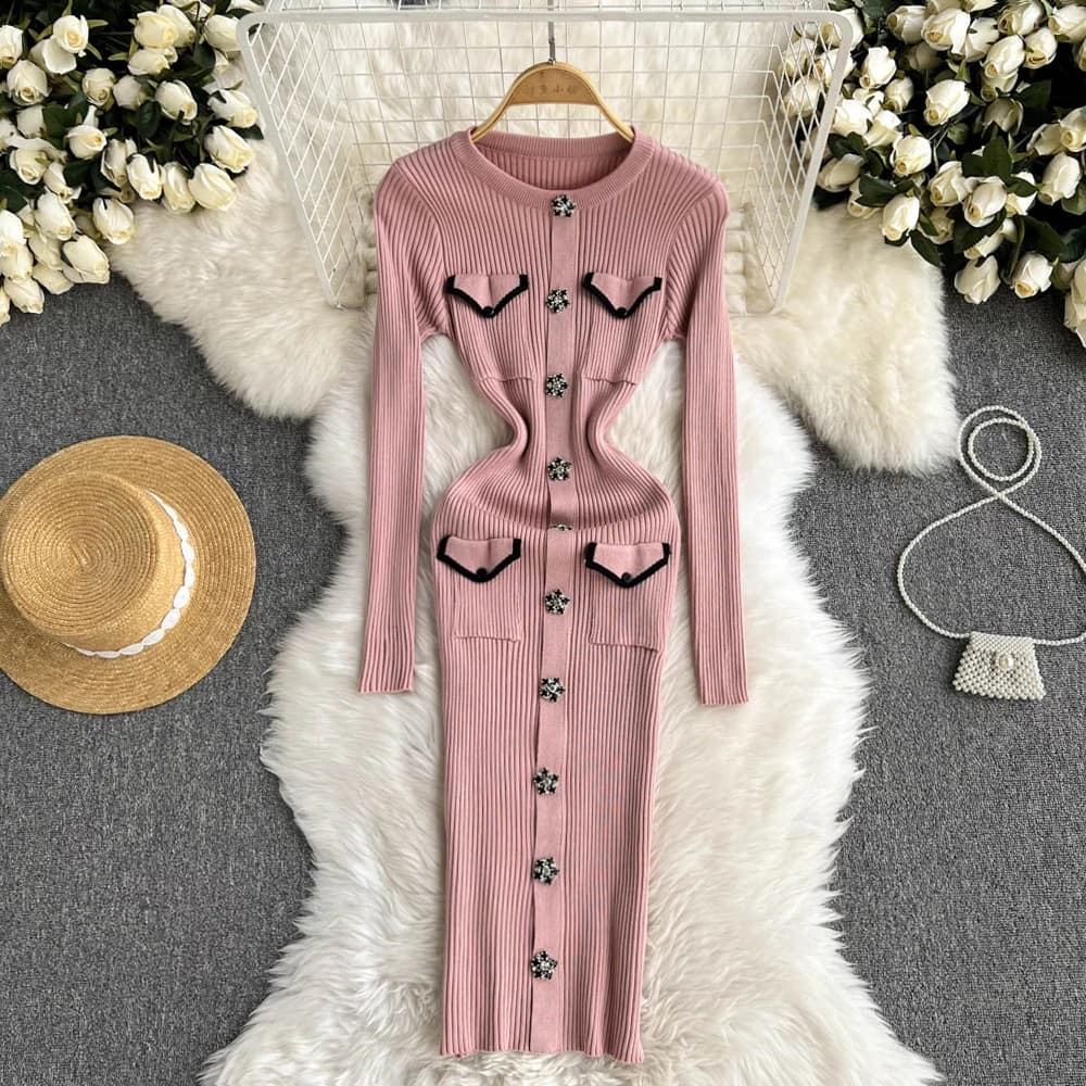 Donne elegante Chic manica lunga Sexy Slim vestito aderente Vintage moda coreana maglia attillata Vestido autunno inverno maglione Robe